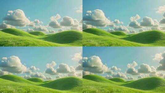 3D卡通蓝天白云和绿色的草原高清在线视频素材下载