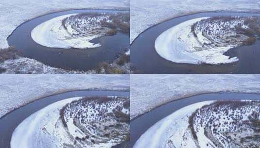 雪花飞舞飘落在湿地河流高清在线视频素材下载