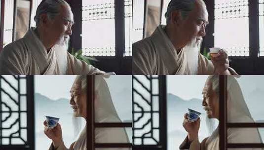 古装老人手持杯子品茶高清在线视频素材下载