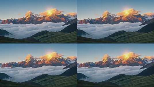 新疆雪山日照金山云海翻腾壮丽风光立秋高清在线视频素材下载
