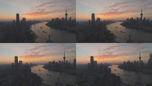 上海浦东陆家嘴黄浦江东方明珠朝霞日出航拍高清在线视频素材下载