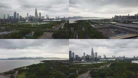阴天多云时的深圳南山区后海和深圳湾口岸高清在线视频素材下载