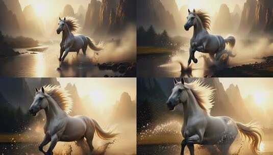 山水间奔跑的白马高清在线视频素材下载