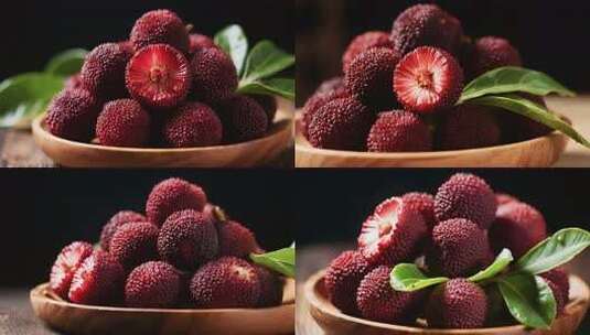 木盘盛放的新鲜杨梅高清在线视频素材下载