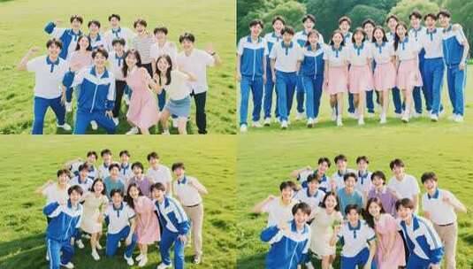 草地上的学生群体欢乐合影高清在线视频素材下载