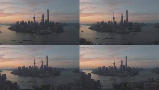 上海浦东陆家嘴黄浦江东方明珠朝霞日出航拍高清在线视频素材下载