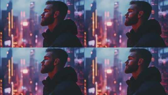 眺望未来都市夜景进行深度思考的男性高清在线视频素材下载
