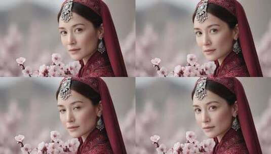 红衣民族少女与樱花相映成画高清在线视频素材下载
