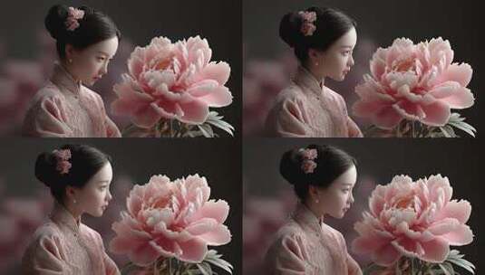 国风女子凝视牡丹花唯美古典意境高清在线视频素材下载