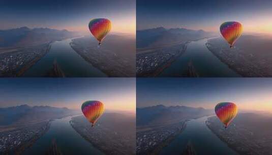热气球飞跃城市河流山脉的壮丽景观高清在线视频素材下载