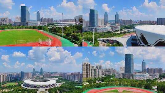 航拍蓝天白云下的枣庄地标建筑文体中心高清在线视频素材下载