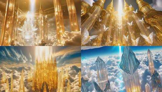 天界幻境云端宫殿神秘建筑金色辉煌天空之城高清在线视频素材下载