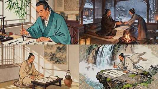 古代书法大家王羲之 文人雅士书写意境高清在线视频素材下载