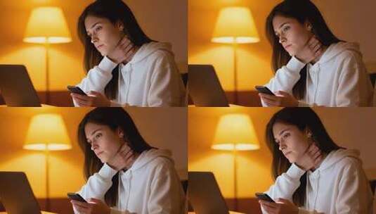 女孩室内使用手机和电脑高清在线视频素材下载