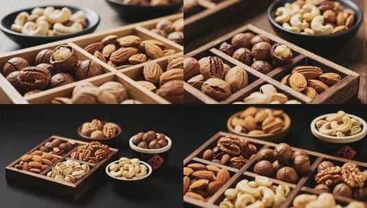 多种坚果摆放特写高清在线视频素材下载