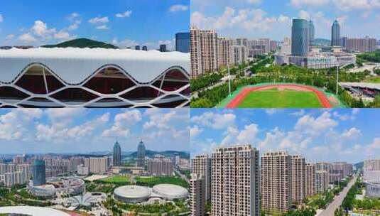 航拍蓝天白云下的枣庄双子星文体中心中心地标建筑高清在线视频素材下载