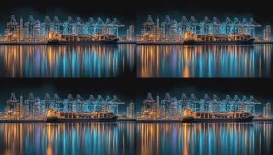 夜色下繁忙的港口集装箱货轮运输高清在线视频素材下载