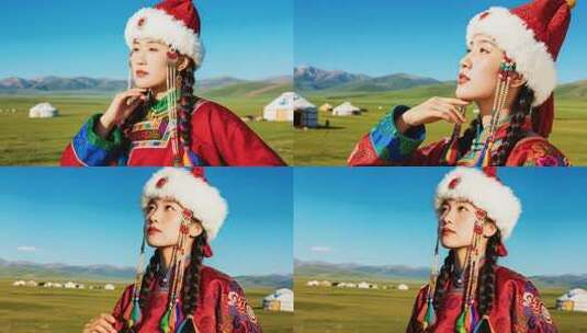 草原上穿蒙古族服饰的女子高清在线视频素材下载