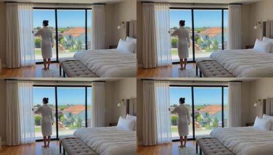 卧室女子拉开窗帘赏景画面高清在线视频素材下载