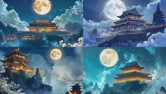 月下宫殿古风建筑梦幻夜景古代宫殿月光照耀高清在线视频素材下载