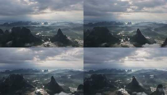 广西贺州，十里画廊，云雾丁达尔光延时航拍高清在线视频素材下载