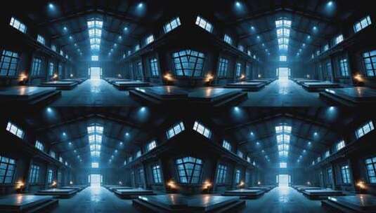 蓝色调工厂内部场景空旷寂静高清在线视频素材下载