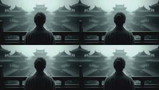 唐朝女子凝望雾中宫殿尽显古典意境高清在线视频素材下载