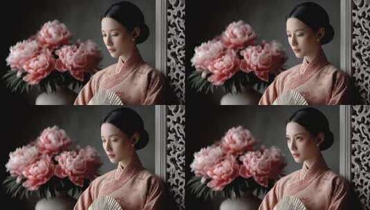 唐朝仕女轻摇团扇花间独坐高清在线视频素材下载