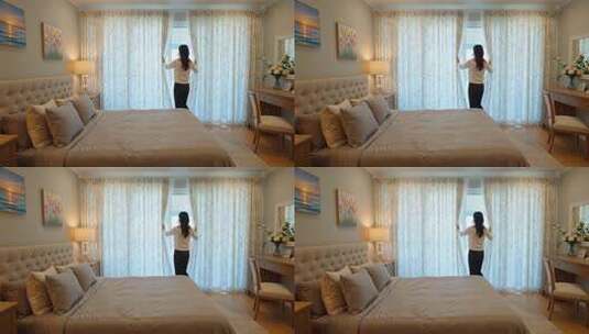 女子在卧室拉开窗帘场景高清在线视频素材下载