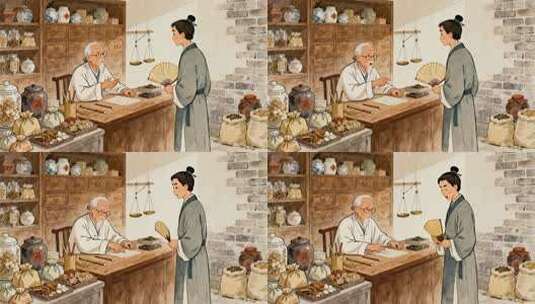国潮水墨动画古代药铺老中医问诊场景高清在线视频素材下载