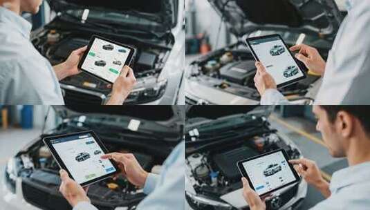 男子手持平板检查汽车发动机高清在线视频素材下载