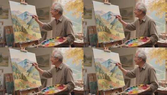 老人在画室专注绘画高清在线视频素材下载