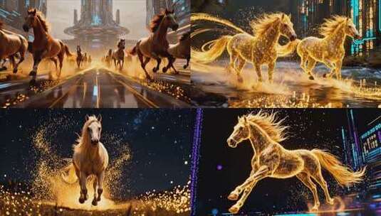 数字骏马 金色骏马奔腾向前金色粒子光影高清在线视频素材下载