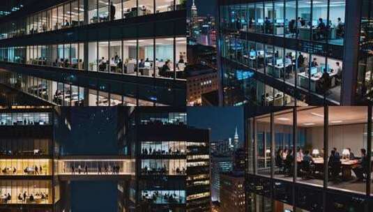 深夜加班写字楼灯火通明上班族熬夜加班高清在线视频素材下载