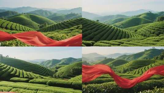 茶山自然风光与飘动红绸高清在线视频素材下载