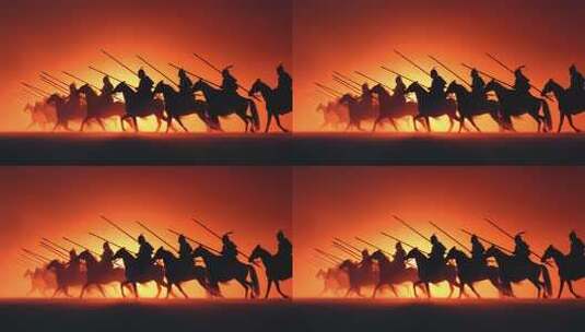 日落时分古代骑兵队出征的壮丽景象高清在线视频素材下载
