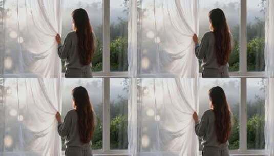 女子窗边拉开白色窗帘高清在线视频素材下载