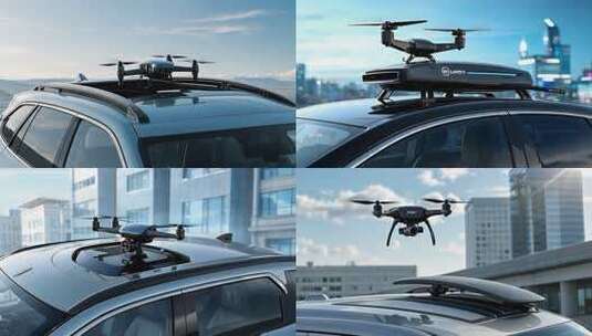 汽车车顶无人机与城市背景高清在线视频素材下载