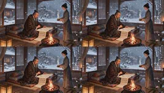 古代男女室内雪景中写字奉茶高清在线视频素材下载