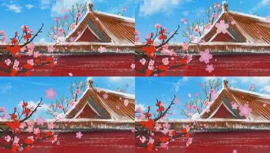 古风红墙雪景梅花画面高清在线视频素材下载
