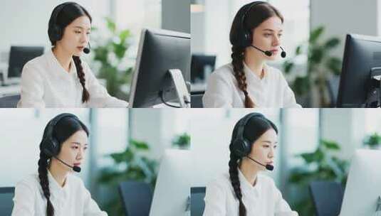 女性办公室戴耳机使用电脑高清在线视频素材下载