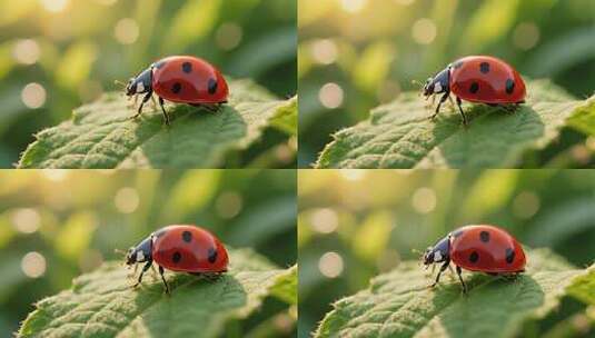 瓢虫绿叶微距特写昆虫春天自然生态高清在线视频素材下载