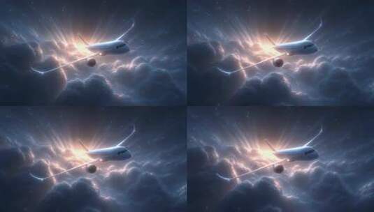 飞机穿梭云层星光璀璨航程高清在线视频素材下载