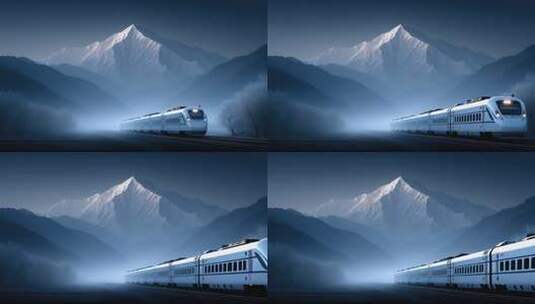 雪山背景下列车飞驰而过展现交通运输发展高清在线视频素材下载