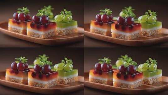 精致果冻甜点在木盘上的特写镜头高清在线视频素材下载