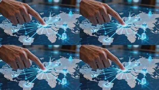 手指点击世界地图科技场景高清在线视频素材下载