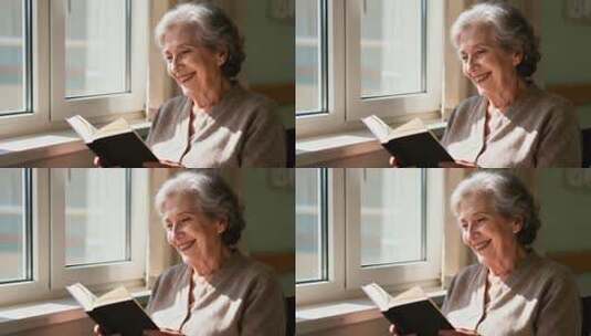 窗边老人安静阅读书籍高清在线视频素材下载