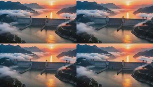 航拍云雾缭绕下的长江三峡大坝日出壮丽延时高清在线视频素材下载