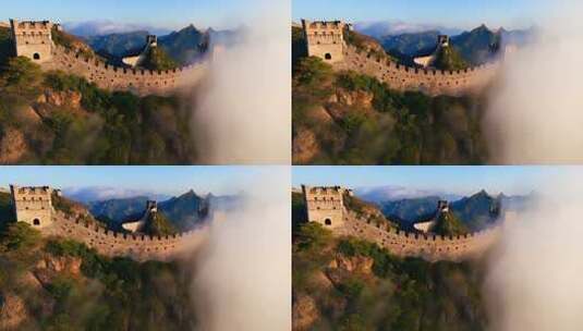 空中俯瞰云雾缭绕的长城高清在线视频素材下载