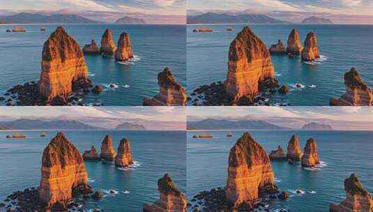 海边奇特岩石日落霞光壮丽海岸风光视频高清在线视频素材下载